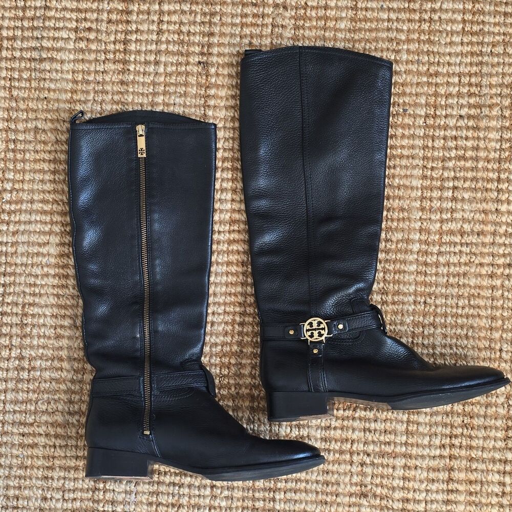 TORY BURCH Black Leather Knee High Gold Logo Side Zip Riding Round Toe Boots 9M